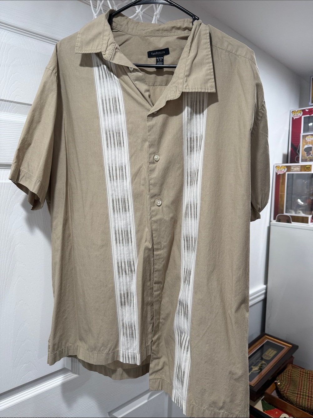 Beige Short-Sleeve Button-Up with White Stripes